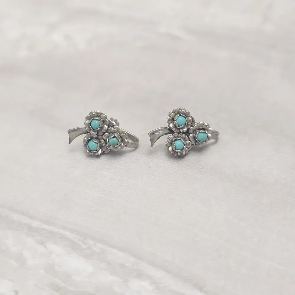 Vintage Screw On Earrings Design Silver Tone & Turquoise Tone 7/8